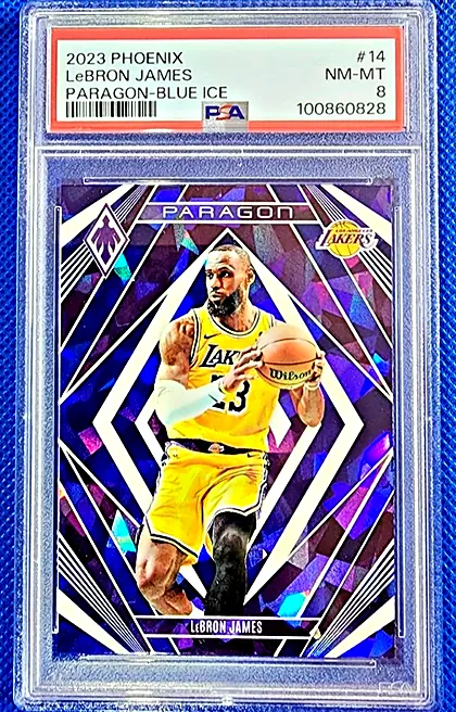 LeBron James 2023 Panini Phoenix Paragon Blue Ice, graded PSA 8, Los Angeles Lakers