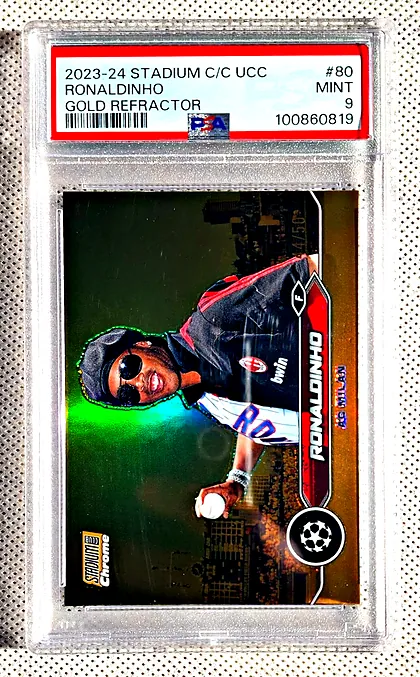 Ronaldinho 2023-24 Topps Stadium Club Chrome Gold Refractor, numbered to 50, graded PSA 9